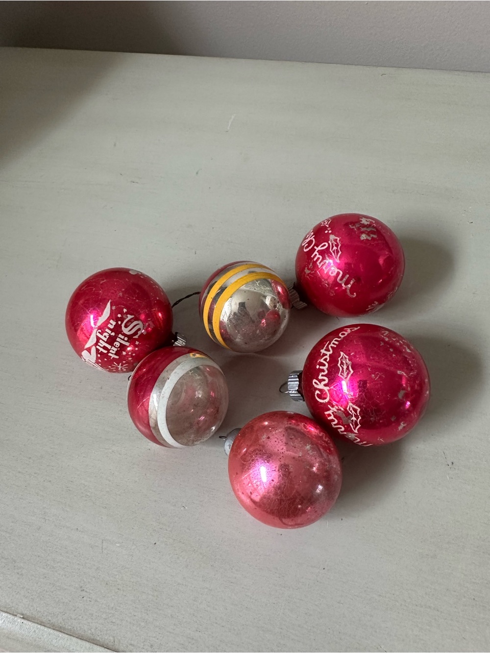 Vintage shiny brite glass Christmas ornaments stenciled and stripped